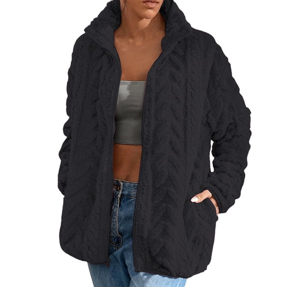 SwiftWear Women's Fleece Zip Up Jacket Textured Stand Collar Casual Loungewear with Pockets​, Black