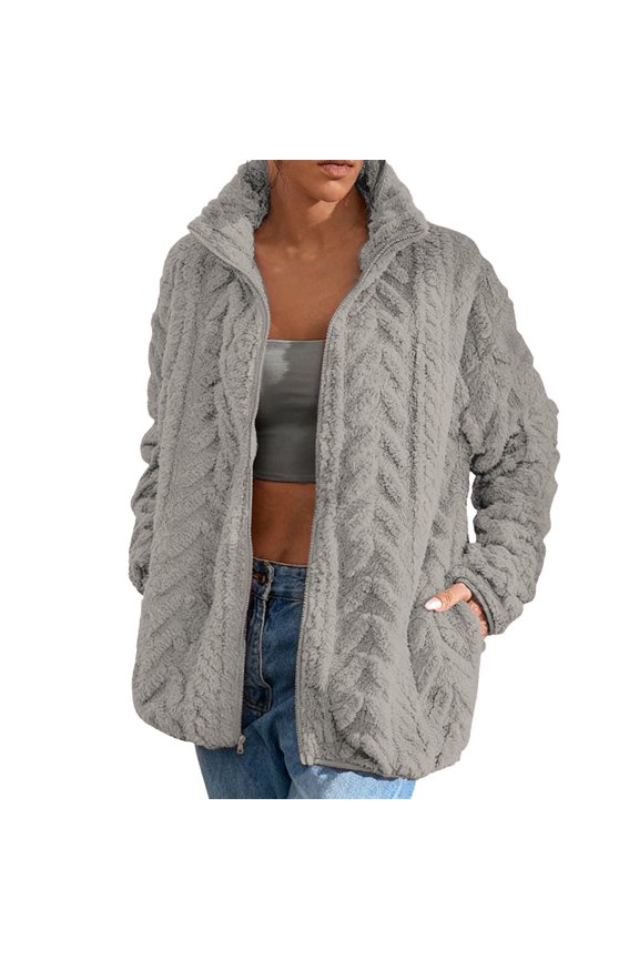 Women's Fleece Zip Up Jacket Textured Stand Collar Casual Loungewear with Pockets​, Gray