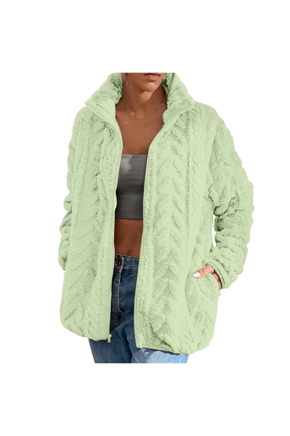 Women's Fleece Zip Up Jacket Textured Stand Collar Casual Loungewear with Pockets, Green