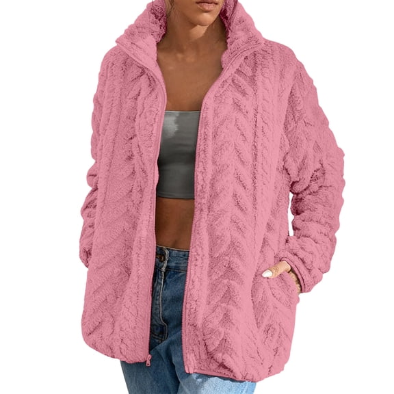 SwiftWear Women's Fleece Zip Up Jacket Textured Stand Collar Casual Loungewear with Pockets​, Hot Pink