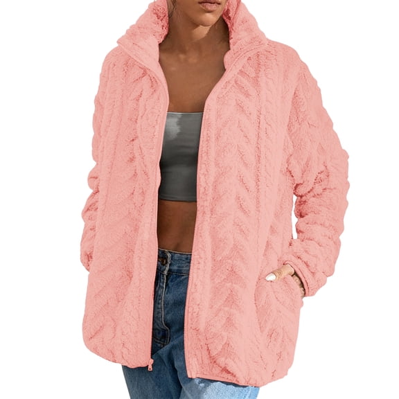SwiftWear Women's Fleece Zip Up Jacket Textured Stand Collar Casual Loungewear with Pockets​, Pink