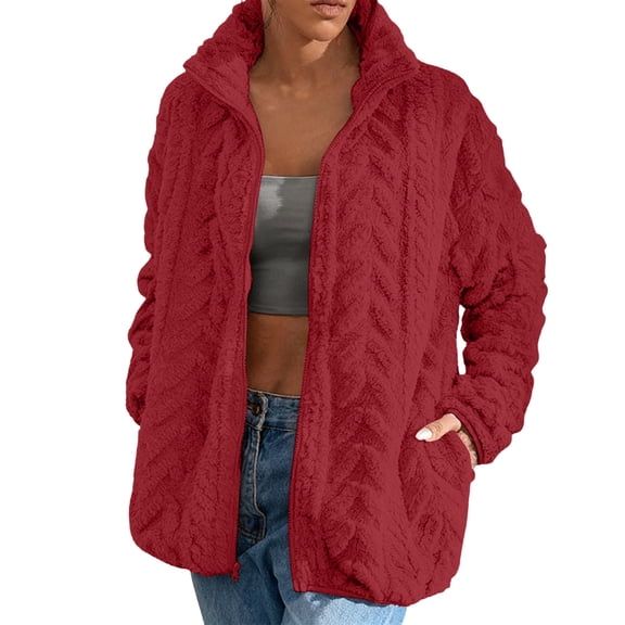 SwiftWear Women's Fleece Zip Up Jacket Textured Stand Collar Casual Loungewear with Pockets​, Red