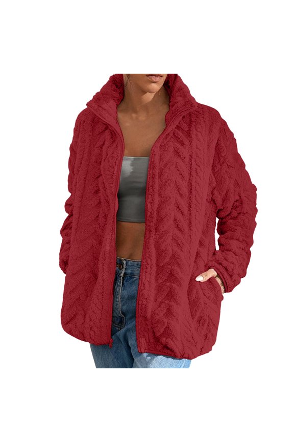 Women's Fleece Zip Up Jacket Textured Stand Collar Casual Loungewear with Pockets​, Red