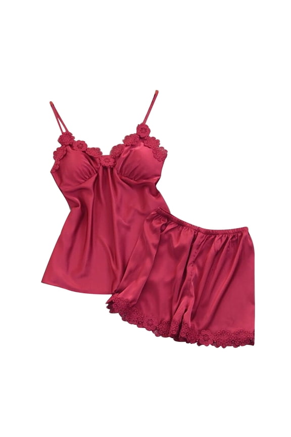Women's Floral Lace Satin Pajama Set - Sleepwear & Loungewear Satin Camisole with Built-in Bra and Shorts Comfortable Nightwear Red