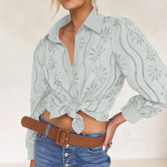 SwiftWear Women's Floral Lace-Up Boho Blouse Puff Long Sleeve Eyelet Button Down Shirt Hollow Out Turn Down Collar Top Dressy Casual​​ Army Green