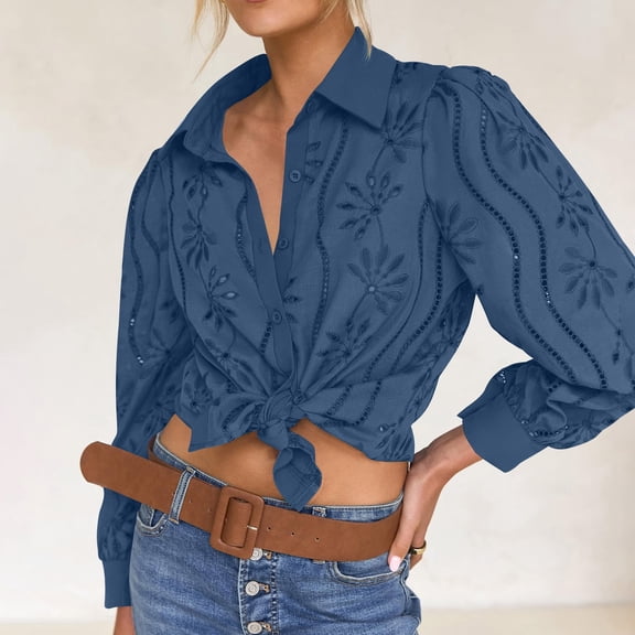 SwiftWear Women's Floral Lace-Up Boho Blouse Puff Long Sleeve Eyelet Button Down Shirt Hollow Out Turn Down Collar Top Dressy Casual​​ Blue