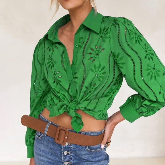 SwiftWear Women's Floral Lace-Up Boho Blouse Puff Long Sleeve Eyelet Button Down Shirt Hollow Out Turn Down Collar Top Dressy Casual​​ Green