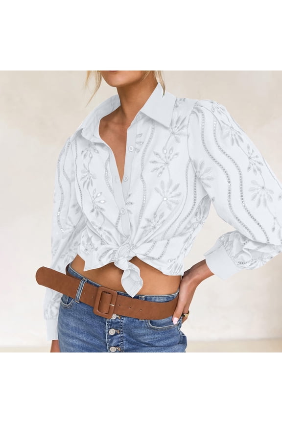 Women's Floral Lace-Up Boho Blouse Puff Long Sleeve Eyelet Button Down Shirt Hollow Out Turn Down Collar Top Dressy Casual​​ White