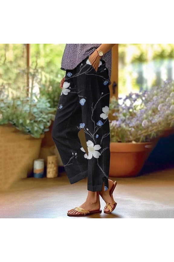 Women's Floral Linen-Look Lounge Pants with Split-Hem, Relaxed Fit Wide Leg Trousers Boho Casual Pants S-2XL