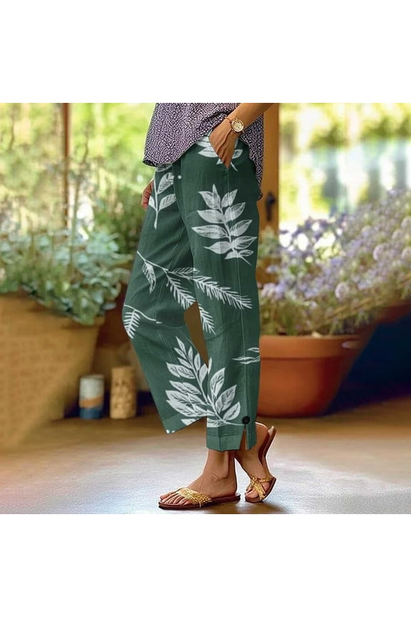 Women's Floral Linen-Look Lounge Pants with Split-Hem, Relaxed Fit Wide Leg Trousers Boho Casual Pants S-2XL