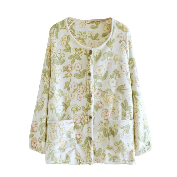 SwiftWear Women's Floral Print Flannel Pajama Top - Winter Sleepwear & Loungewear, Comfort Button-Down Long Sleeve Cardigan with Pockets, Cozy Home Outing Wearn Green