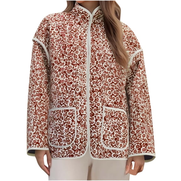 SwiftWear Women's Floral Print Quilted Puffer Jacket Stand Collar Cardigan Coat Casual Long Sleeve Outerwear Trendy​​, Red