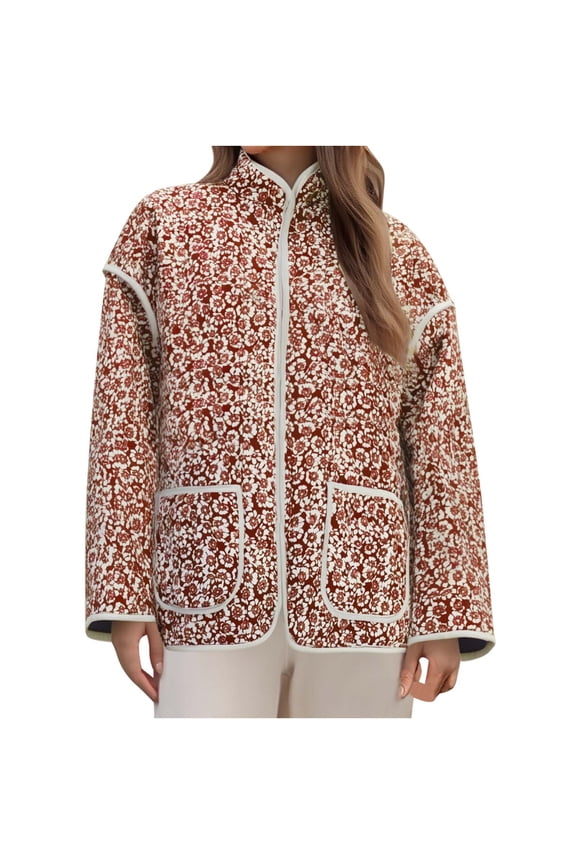 Women's Floral Print Quilted Puffer Jacket Stand Collar Cardigan Coat Casual Long Sleeve Outerwear Trendy, Red