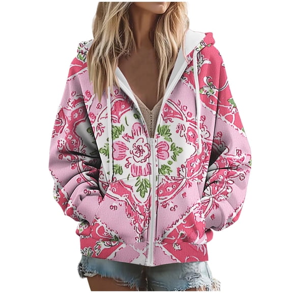 SwiftWear Women's Floral Print Raglan Sleeve Zip Up Hoodie Color Block Plaid jacket with Side Pockets, Soft Stretch Casual Wear Hooded Sweatshirt Hot Pink