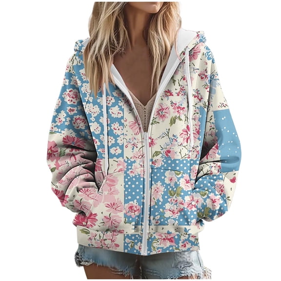 SwiftWear Women's Floral Print Raglan Sleeve Zip Up Hoodie Color Block Plaid jacket with Side Pockets, Soft Stretch Casual Wear Hooded Sweatshirt Light Blue