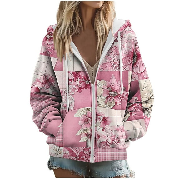 SwiftWear Women's Floral Print Raglan Sleeve Zip Up Hoodie Color Block Plaid jacket with Side Pockets, Soft Stretch Casual Wear Hooded Sweatshirt Pink