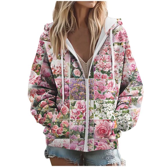 SwiftWear Women's Floral Print Raglan Sleeve Zip Up Hoodie Color Block Plaid jacket with Side Pockets, Soft Stretch Casual Wear Hooded Sweatshirt Pink