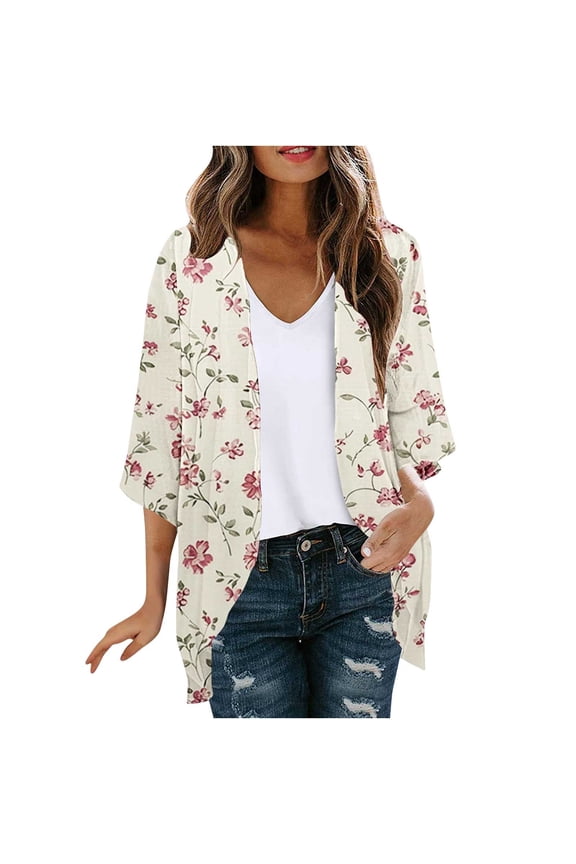 Women's Floral Sheer Chiffon Kimono Cardigan Lightweight 3/4 Sleeve Sun Protection Tops|Spring Summer Fall Retro Bloom Design Cover-up Pair with Jeans Dresses Skirts
