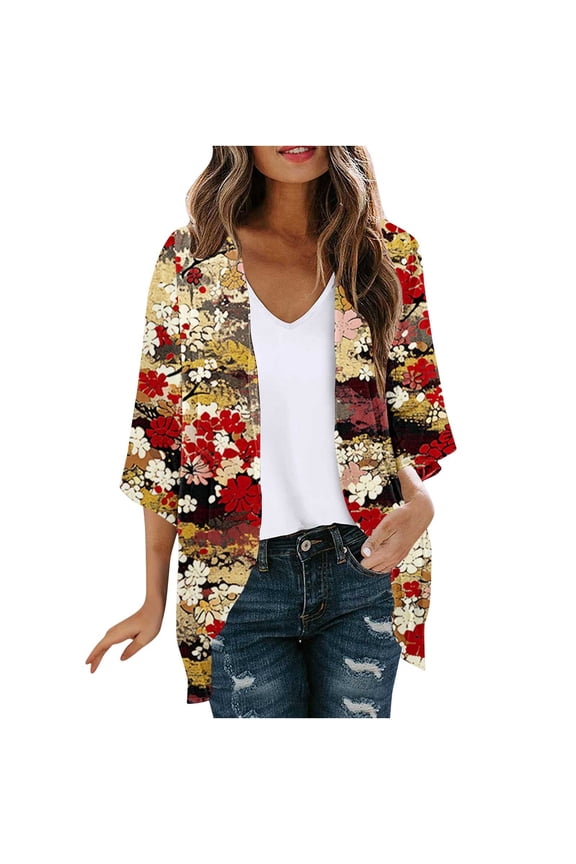 Women's Floral Sheer Chiffon Kimono Cardigan Lightweight 3/4 Sleeve Sun Protection Tops|Spring Summer Fall Retro Bloom Design Cover-up Pair with Jeans Dresses Skirts
