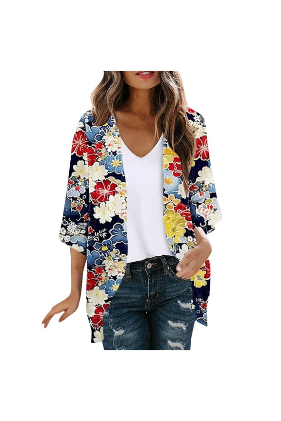 Women's Floral Sheer Chiffon Kimono Cardigan Lightweight 3/4 Sleeve Sun Protection Tops|Spring Summer Fall Retro Bloom Design Cover-up Pair with Jeans Dresses Skirts