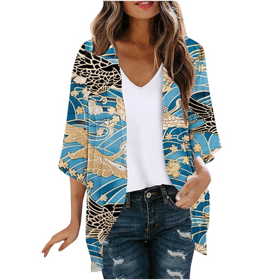 SwiftWear Women's Floral Sheer Chiffon Kimono Cardigan Lightweight 3/4 Sleeve Sun Protection Tops|Spring Summer Fall Retro Bloom Design Cover-up Pair with Jeans Dresses Skirts