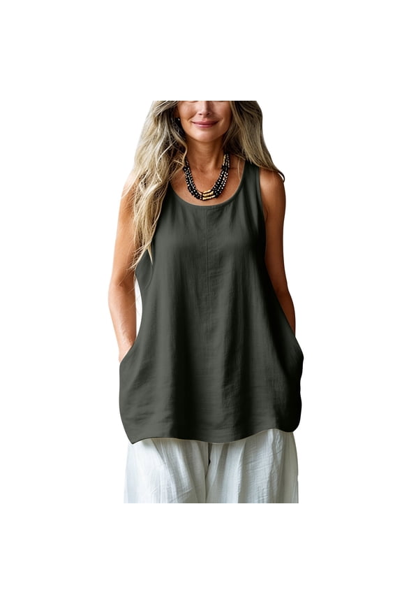 Women's Flowy Cotton Linen Tank Top Soft Breathable Sleeveless Basic Camisole with Pockets for Spring & Summer Casual Wear