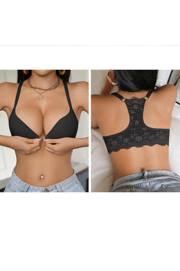Women's Front Closure Underwire Bra Racerback Lace Push Up T-Shirt Bra with Full Coverage & Support Comfortable Everyday Wear