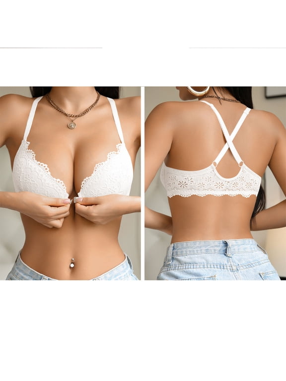 Women's Front Closure Underwire Push Up Bra Cross Back Lace T-Shirt Bra for Support & Lift, Comfortable Plunge Everyday Bra