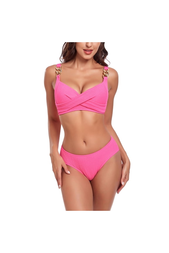 Women's Full Coverage Bikini Set Gold Chain Strap Two Piece Swimsuit Vintage Style Bathing Suit for Beach