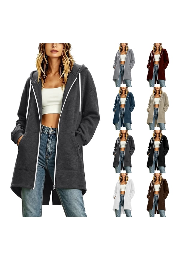 Women's Full Zip Up Hoodie Oversized Sweatshirt with Pockets Casual Long Hooded Jacket Fall Winter