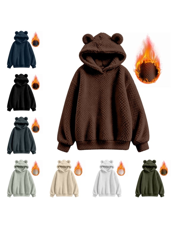 Women's Fuzzy Fleece Hoodie Bear Ears Hooded Pullover Cute Sweatshirt Long Sleeve Cozy Warm Relaxed Fit Top Winter