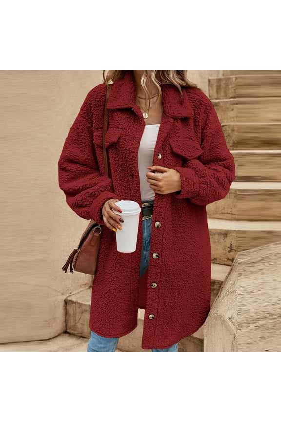 Women's Fuzzy Long Coat with Notch Lapel, Button Front Puff Sleeve Fleece Jacket Casual Outerwear for Fall and Winter Wear