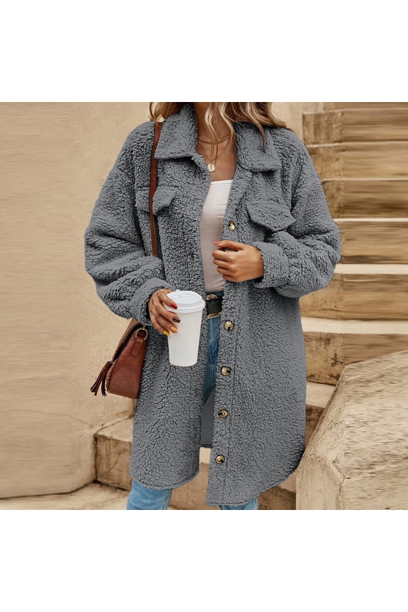 Women's Fuzzy Long Coat with Notch Lapel, Button Front Puff Sleeve Fleece Jacket Casual Outerwear for Fall and Winter Wear