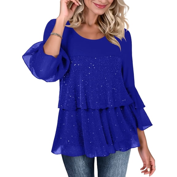 SwiftWear Women's Glitter Blouse 3/4 Bell Sleeve Party Tunic Tops Elegant Evening Shimmer Double Layers Mesh Flowy Blouses Crew Neck Dressy Casual Shirt​​ Blue
