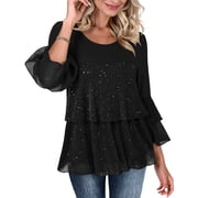 SwiftWear Womens Glitter Blouse 3/4 Bell Sleeve Party Tunic Tops Elegant Evening Shimmer Double Layers Mesh Flowy Blouses Crew Neck Dressy Casual Shirt  Black
