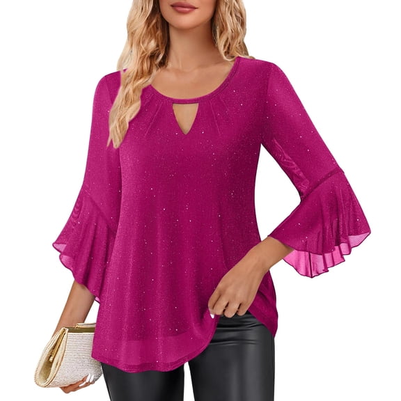 SwiftWear Women's Glitter V-Neck Blouse 3/4 Bell Sleeve Sparkly Mesh Elegant Party Evening Tops for Holiday​ Hot Pink