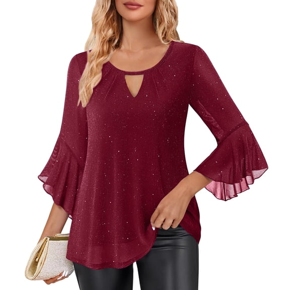 SwiftWear Women's Glitter V-Neck Blouse 3/4 Bell Sleeve Sparkly Mesh Elegant Party Evening Tops for Holiday​ Wine