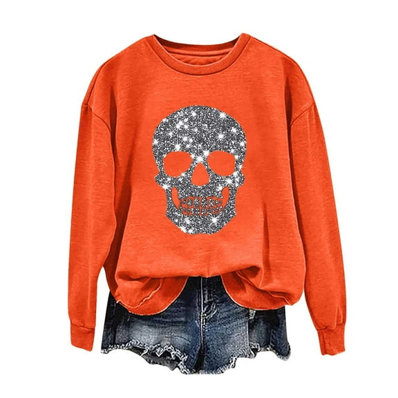SwiftWear Women's Gothic Graphic Print Crewneck Sweatshirt - Skull Design Long Sleeve Top, No Hood Halloween Party Wear Orange
