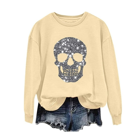 SwiftWear Women's Gothic Graphic Print Crewneck Sweatshirt - Skull Design Long Sleeve Tops No Hood Halloween Party Wear Beige