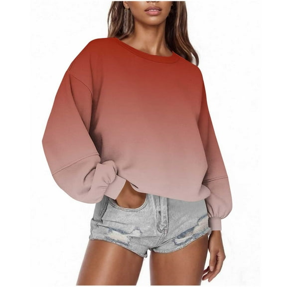 SwiftWear Women's Gradient Color Block Crewneck Sweatshirt Soft Trendy Pullover Loose Fit Oversize Casual Top for Fall Red