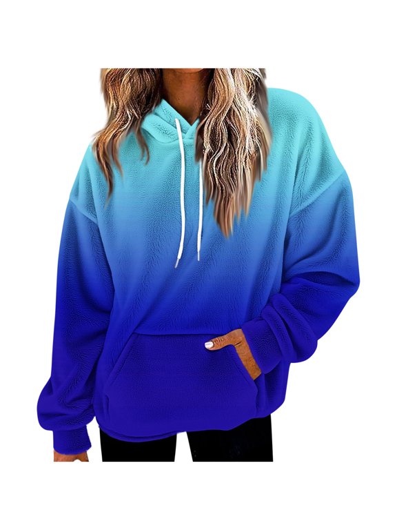 Women's Gradient Fleece-Lined Hoodie Trendy Pullover with Drop Shoulder Plush Streetwear with Pocket Blue