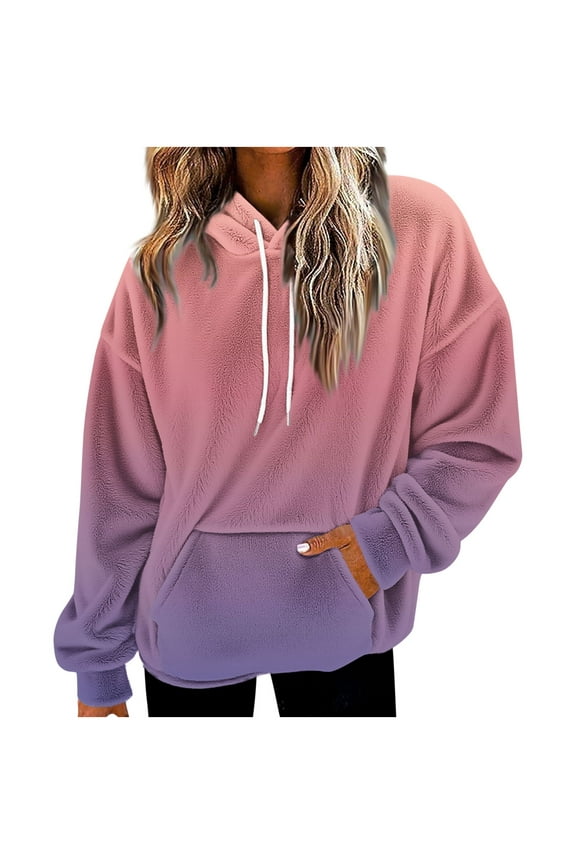 Women's Gradient Fleece-Lined Hoodie Trendy Pullover with Drop Shoulder Plush Streetwear with Pocket Hot Pink