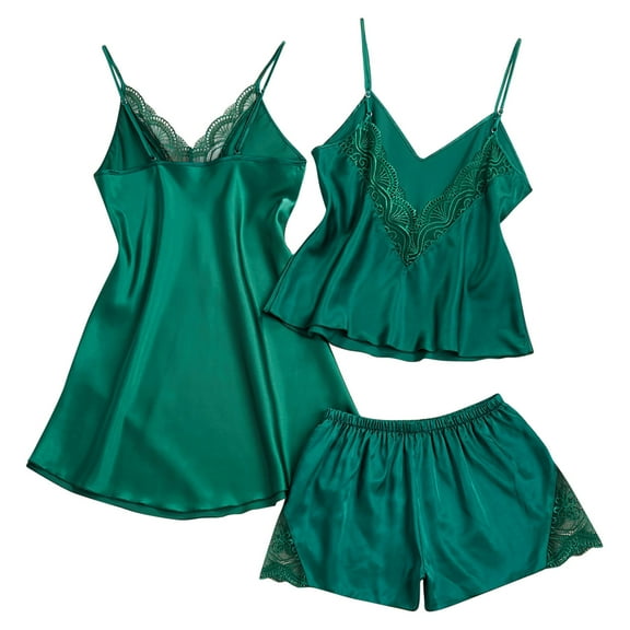 SwiftWear Women's Green Satin Pajama Set -Lace Trim V-Neck Nightdress Matching Cami &Shorts, 3-Piece Summer Cooling Pajamas Sets Sleepwear