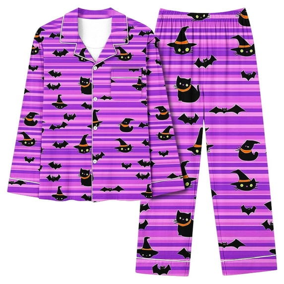 SwiftWear Women's Halloween Bat & Spider Web Print Pajama Set Spooky Sleepwear Soft Button-Up Top with Elastic Waist Fall Pajamas
