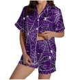 thumbnail image 1 of SwiftWear Women's Halloween Ghost Print Pajama Set - Cute Spooky Sleepwear & Loungewear, Short Sleeve Button-Down Top with Comfort Shorts Purple, 1 of 8