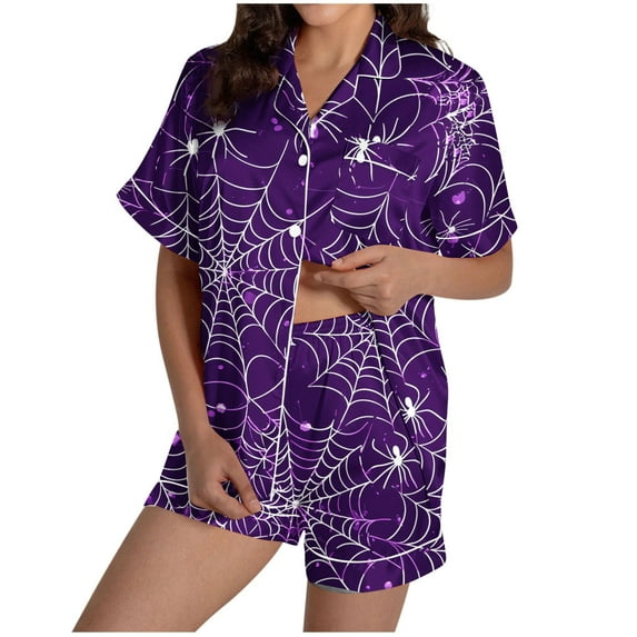 SwiftWear Women's Halloween Ghost Print Pajama Set - Cute Spooky Sleepwear & Loungewear, Short Sleeve Button-Down Top with Comfort Shorts Purple