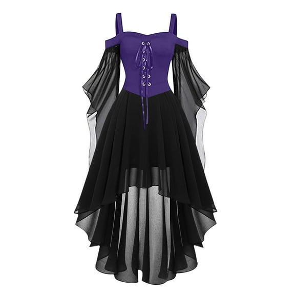 SwiftWear Women's Halloween Gothic Cold Shoulder Dress Plus Size Lace-Up Corset Dresses with See-Through Chiffon Sleeves & High-Low Hem​