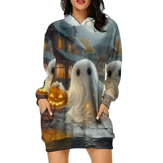 SwiftWear Women's Halloween Hooded Dress with Ghost/Pumpkin Print - Spooky Sweatshirt Dresses Casual/Halloween Costume, Dual Pockets, Cozy & Trendy