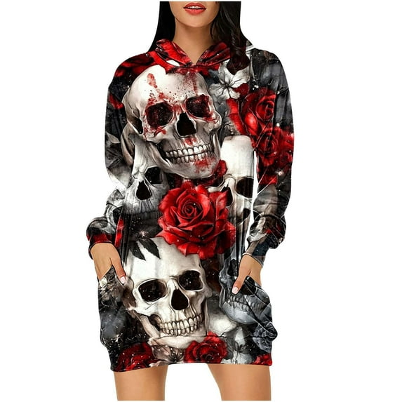 SwiftWear Women’s Halloween Hoodie Dress - Oversized Sweatshirts Dress with Skull Print & Double Pockets