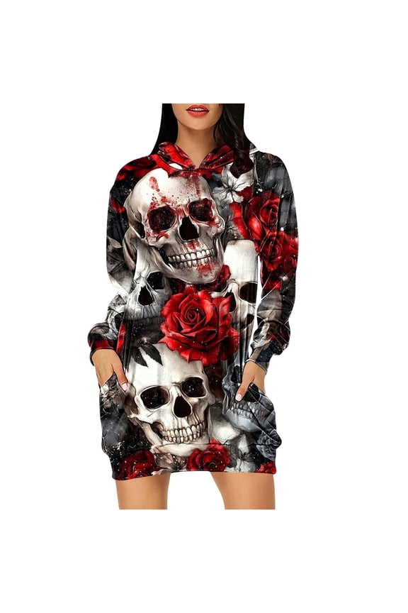 Women’s Halloween Hoodie Dress - Oversized Sweatshirts Dress with Skull Print & Double Pockets